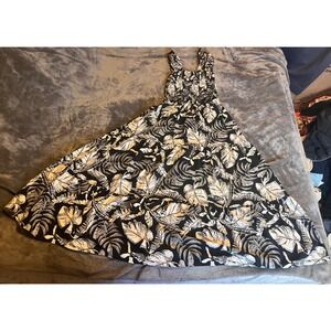 Ashley &‎ Sage Tropical Palm Print Smocked Maxi Dress Black White Linen Blend L
